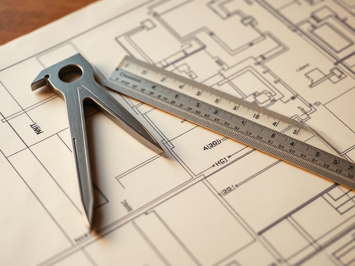 Technical drafting instruments resting on a printed engineering blueprint