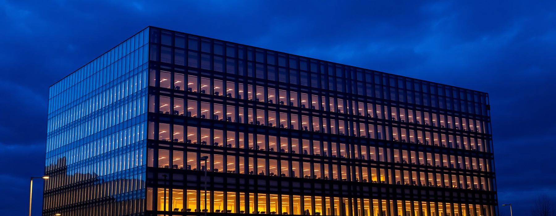 Modern glass office building at dusk with warm interior light behind a grid facade