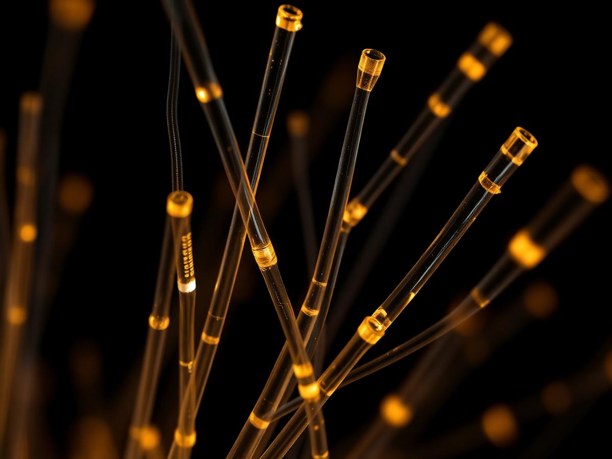 Macro view of glowing fiber optic strands used in data infrastructure