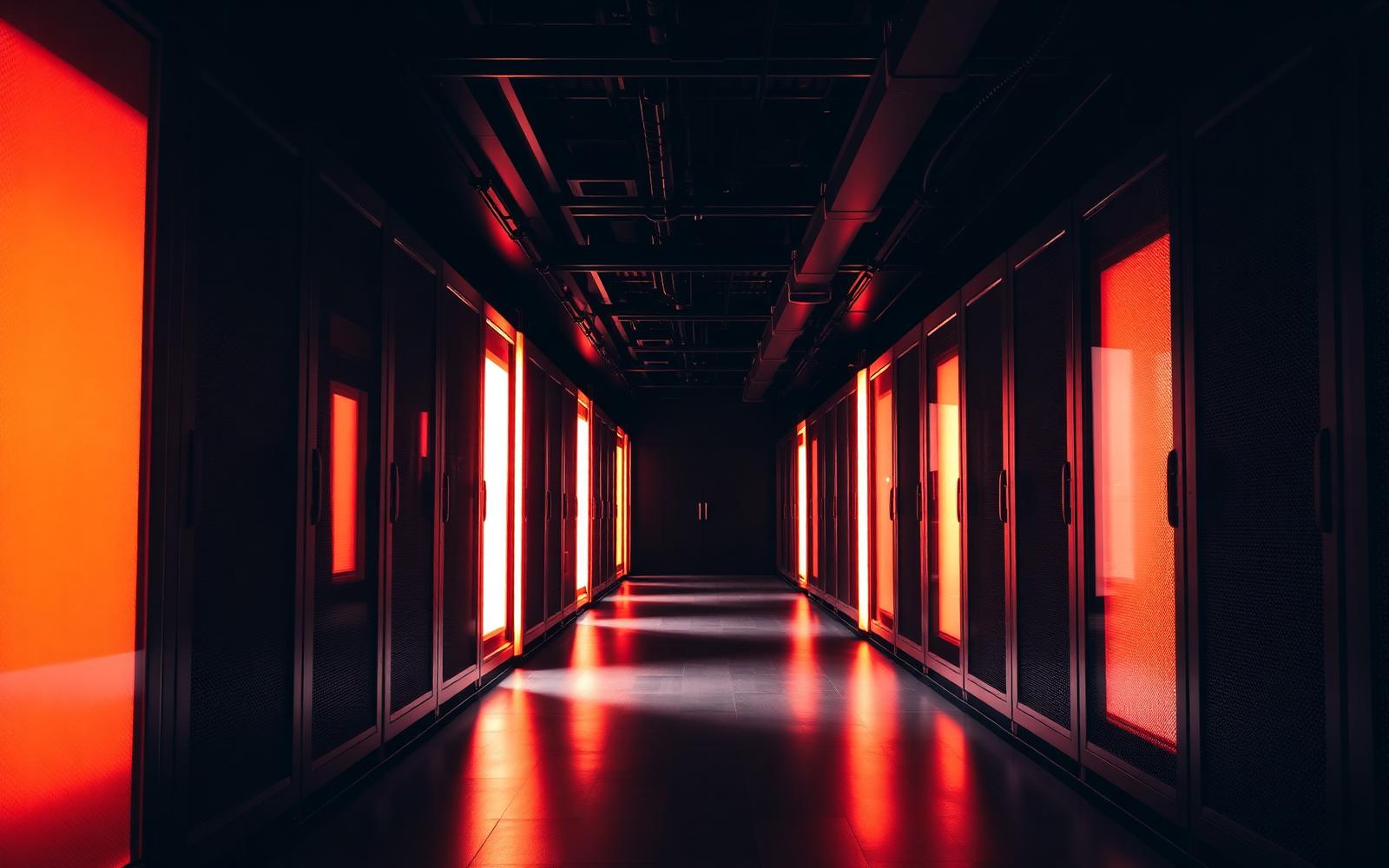 Dark server room corridor with warm illumination from equipment racks