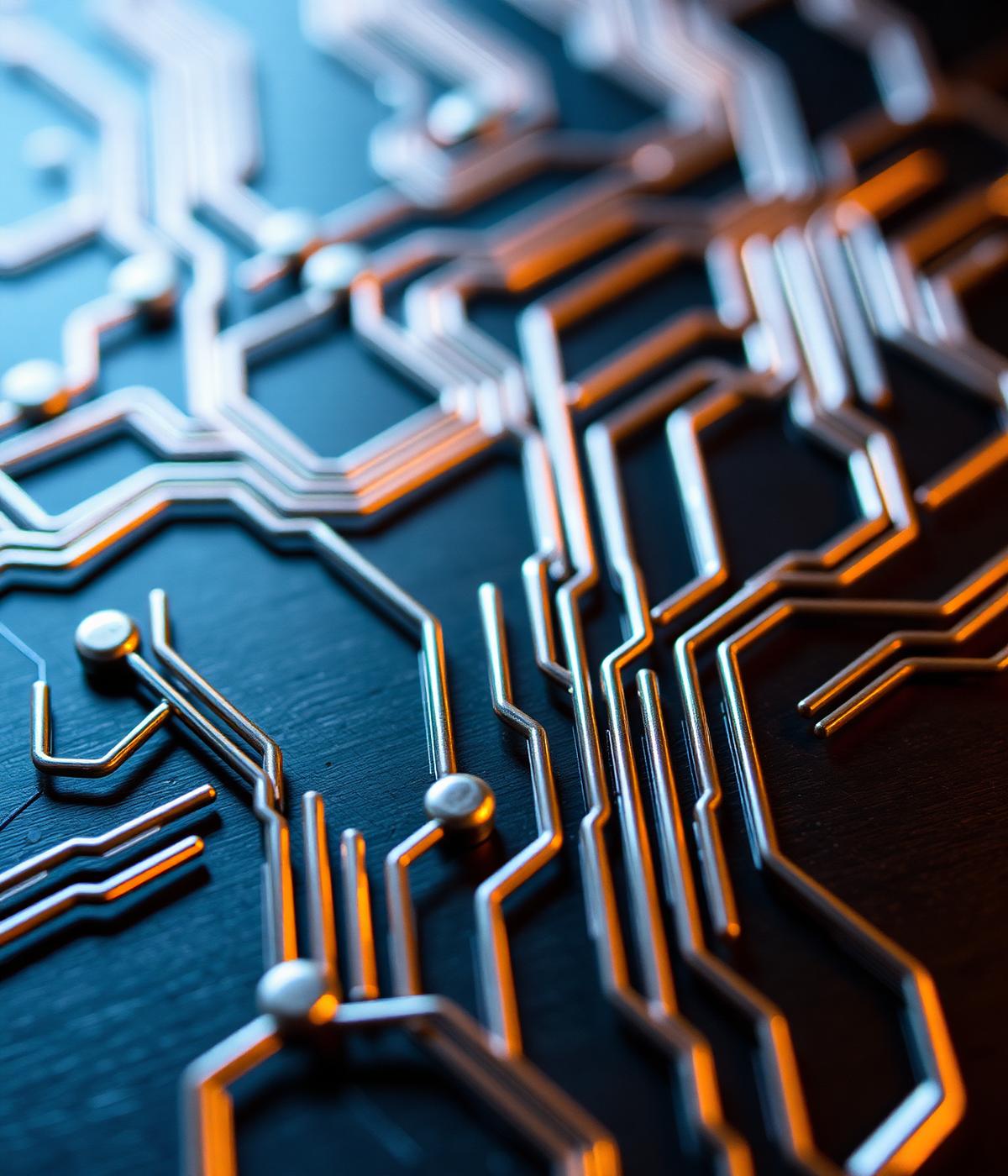 Close-up of a stylised circuit board with copper pathways representing secure infrastructure